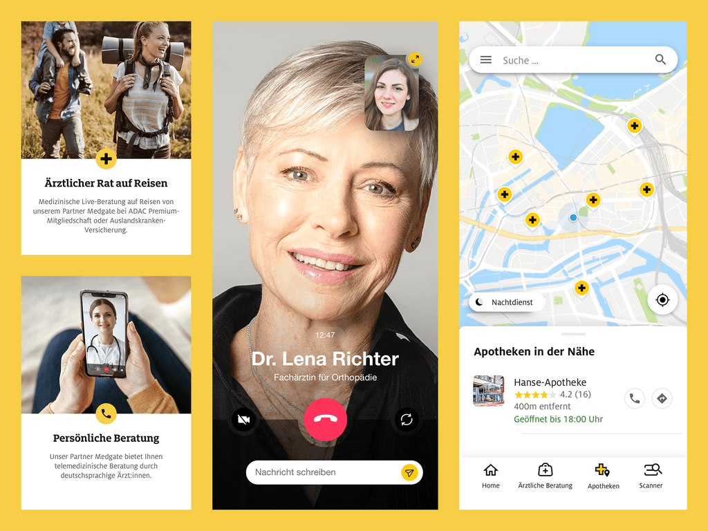 ADAC Medical App screens for booking and running a telemedical consultation.