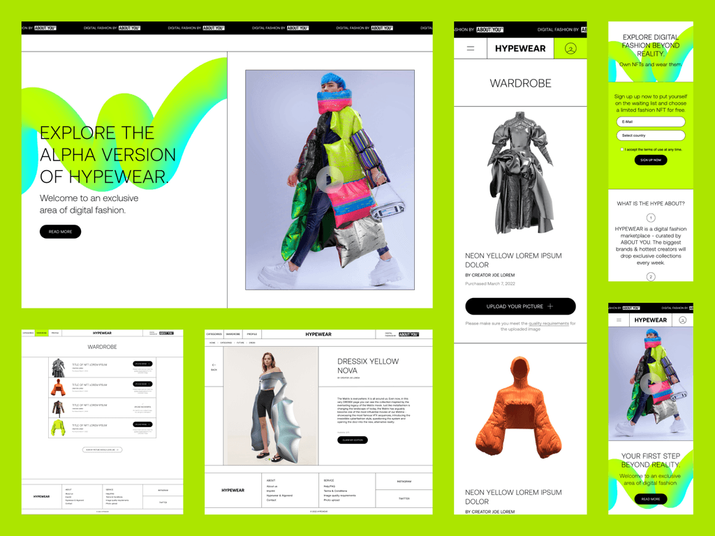 HYPEWEAR marketplace screens showing NFT discovery and collection views.