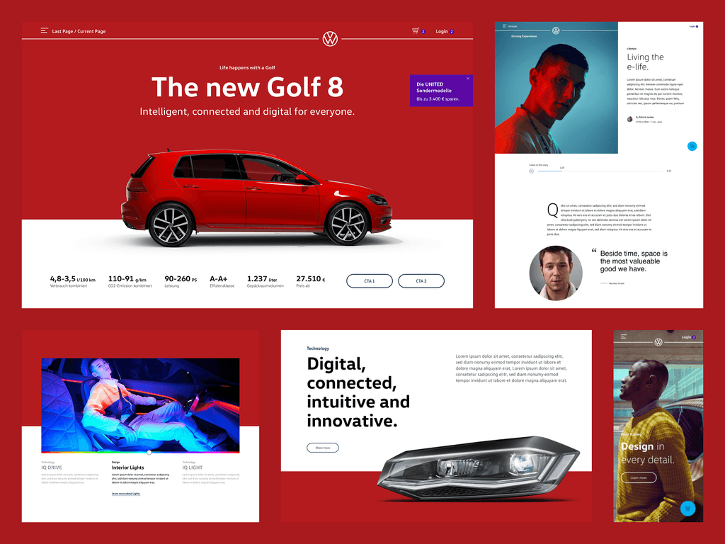 Volkswagen website screens: Golf 8 landing page, editorial article layout and mobile views.
